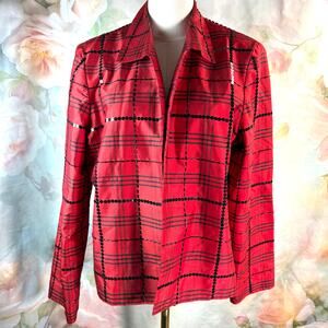 Vintage Maggy L Red & Black Plaid 100% Silk Beads & Sequin Jacket